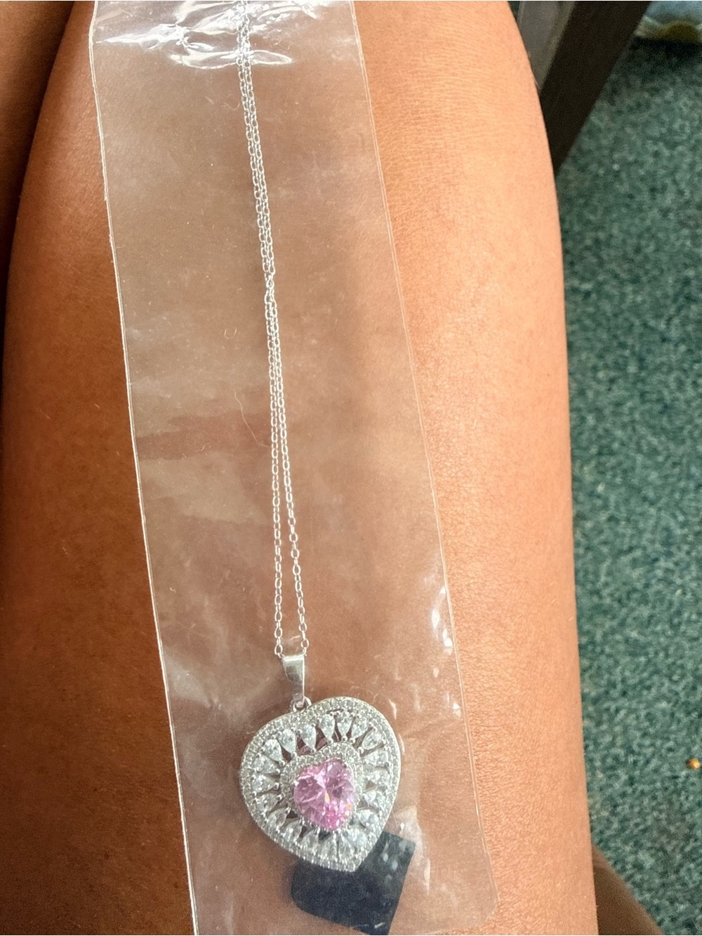 Silver Heart Pendant Necklace with Pink Gem